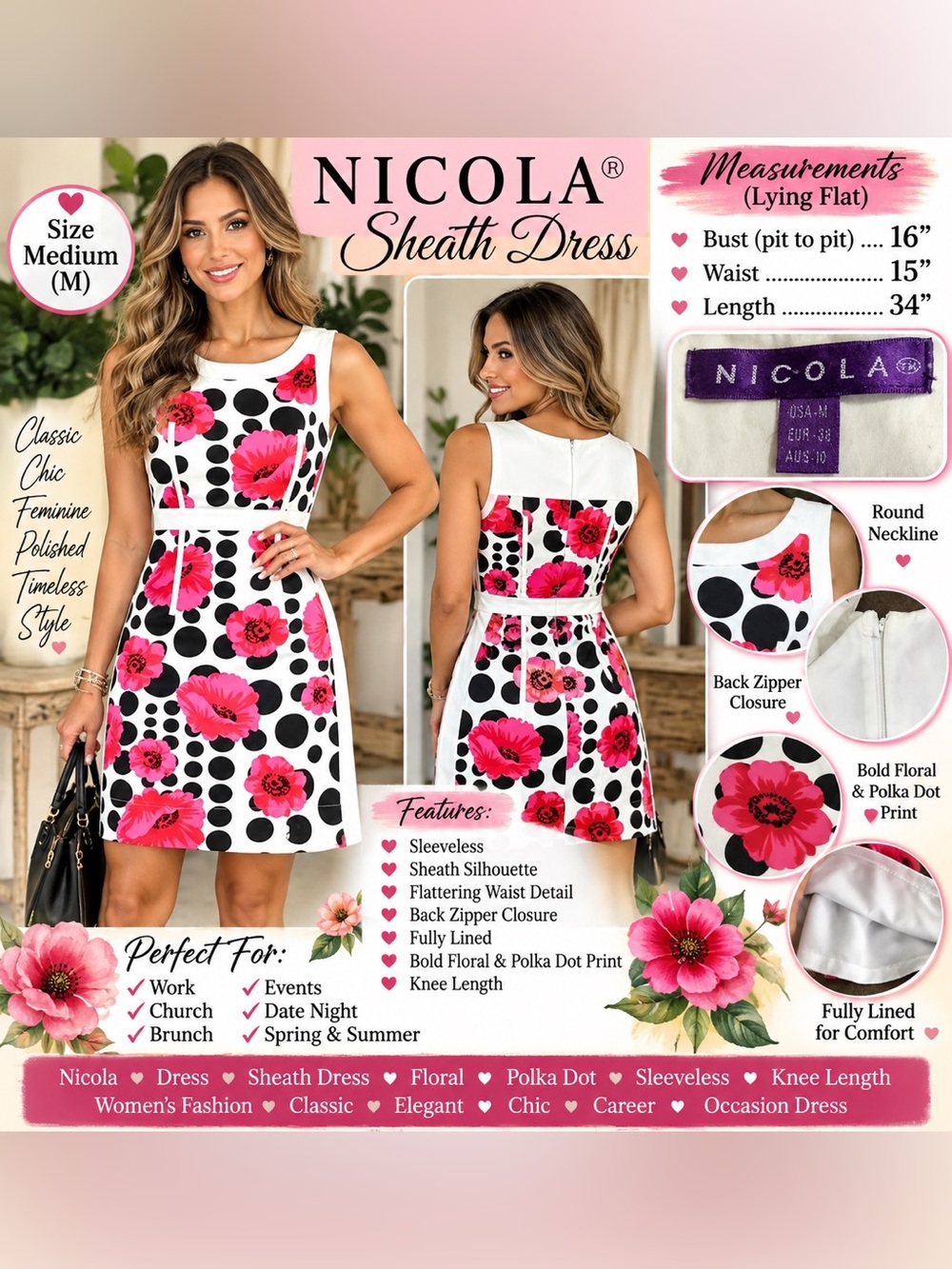 NICOLA White Mini Dress with Black Polka Dots and Pink Floral Print